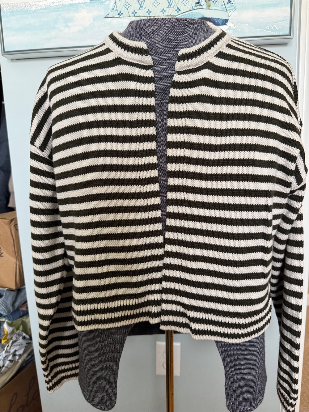 Striped Olive and Cream Open-Front Women's Sweater
